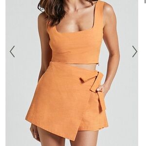 POLINA TWO PIECE SET - LINEN LOOK SQUARE NECK CROP TOP AND TIE WAIST SKORT SET